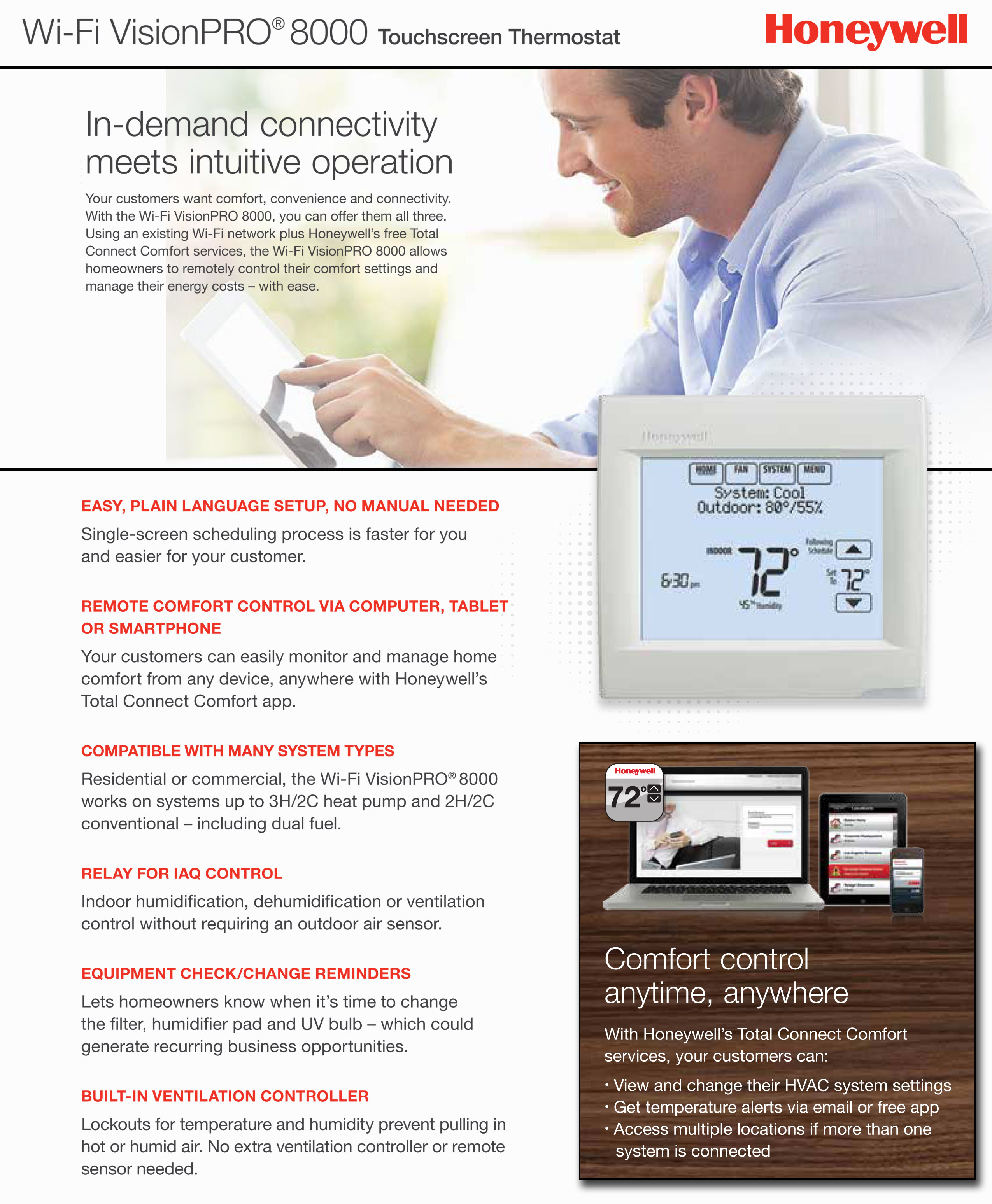 Honeywell Pro 8000 Wi-Fi Touchscreen Thermostat 3H/2C Programmable TH8321WF1001